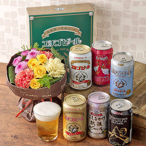 エチゴビール「6種飲み比べセット」とそのまま飾れるブーケ