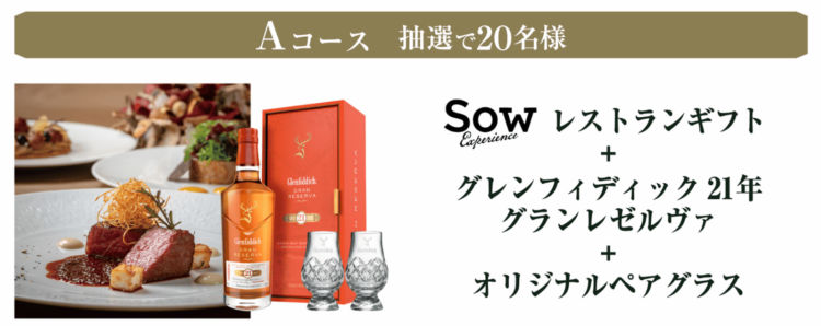 A賞：ソウエクスペリエンス レストランギフト（BROWN）＋グレンフィディック21年グランレゼルヴァ＋オリジナルペアグラス